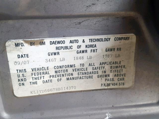 KL1TD56678B114370 - 2008 CHEVROLET AVEO BASE Boz foto 10