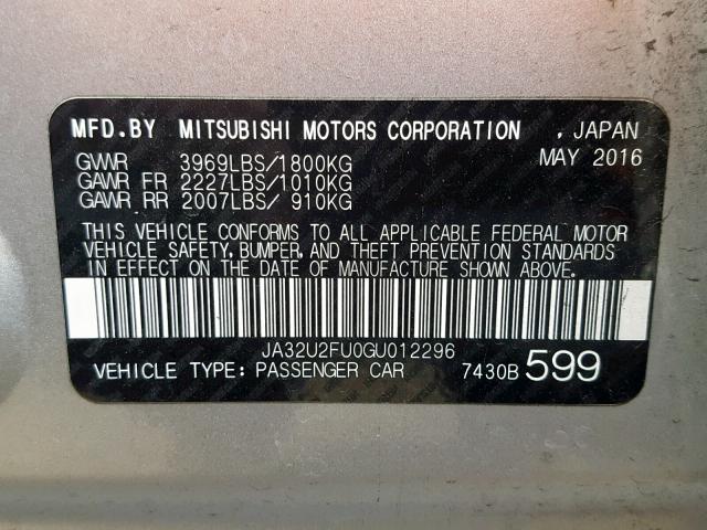 JA32U2FU0GU012296 - 2016 MITSUBISHI LANCER ES SILVER photo 10