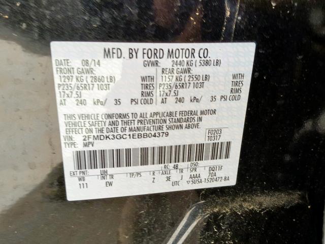 2FMDK3GC1EBB04379 - 2014 FORD EDGE SE BLACK photo 10