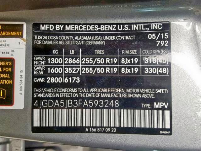 4JGDA5JB3FA593248 - 2015 MERCEDES-BENZ ML 350 CHARCOAL photo 10