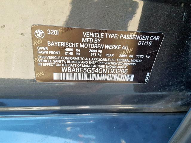 WBA8E5G54GNT93286 - 2016 BMW 320 XI GRAY photo 10