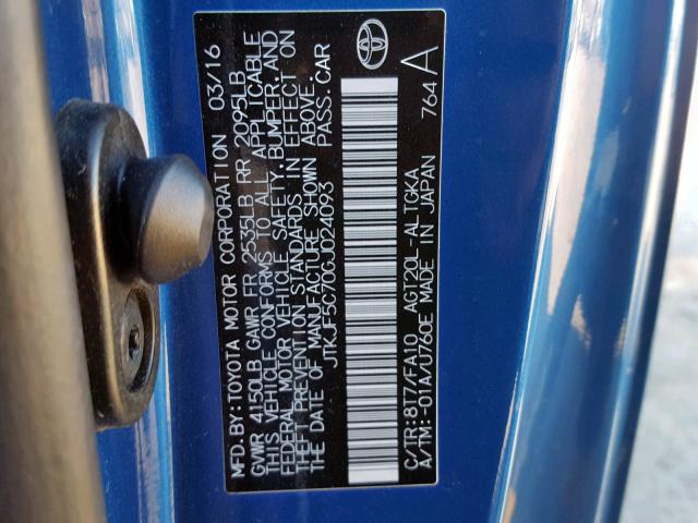 JTKJF5C70GJ024093 - 2016 TOYOTA SCION TC ლურჯი ფოტო 10