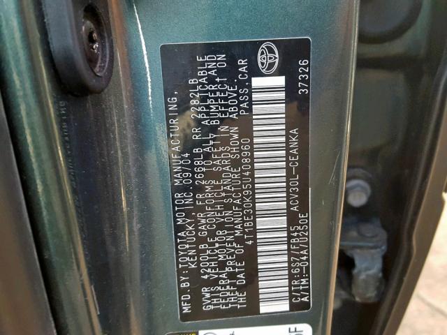 4T1BE30K95U408960 - 2005 TOYOTA CAMRY LE GREEN photo 10