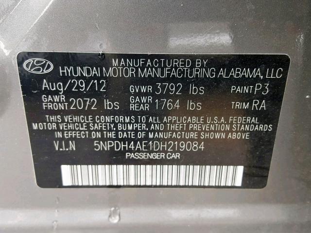 5NPDH4AE1DH219084 - 2013 HYUNDAI ELANTRA GL CHARCOAL photo 10