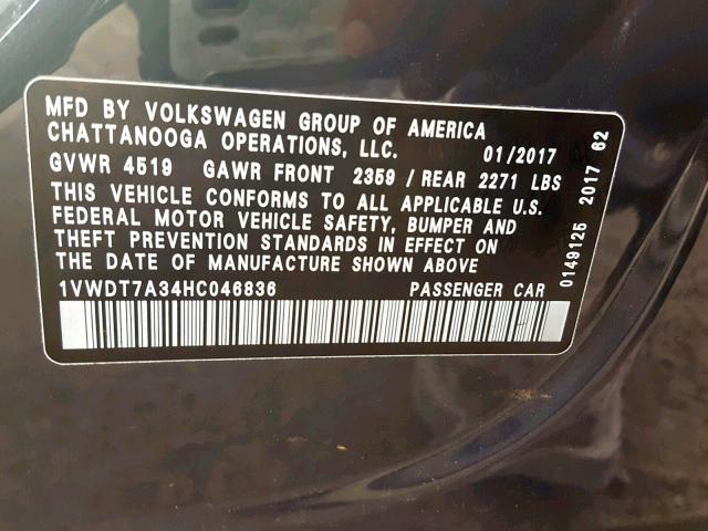 1VWDT7A34HC046836 - 2017 VOLKSWAGEN PASSAT R-L CHARCOAL photo 10