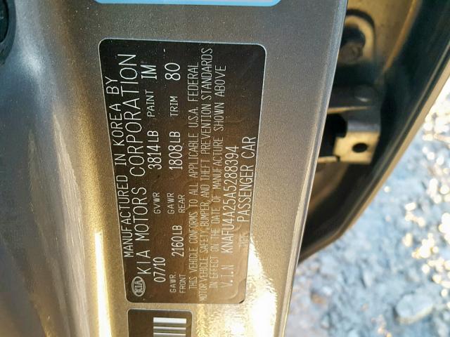 KNAFU4A25A5288394 - 2010 KIA FORTE EX GRAY photo 10