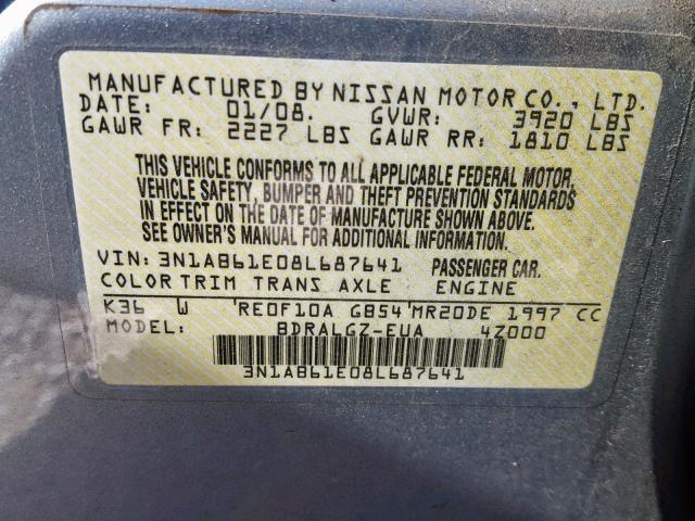 3N1AB61E08L687641 - 2008 NISSAN SENTRA 2.0 SILVER photo 10