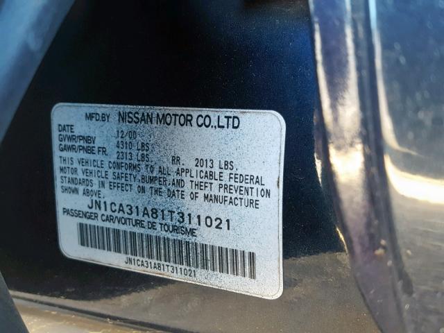 JN1CA31A81T311021 - 2001 NISSAN MAXIMA GXE BLUE photo 10