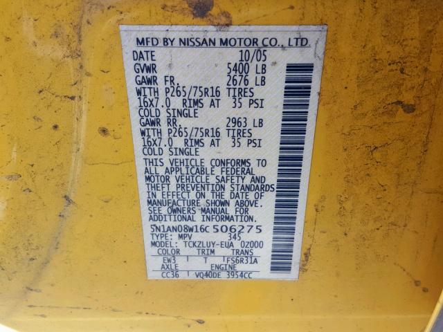 5N1AN08W16C506275 - 2006 NISSAN XTERRA OFF YELLOW photo 10