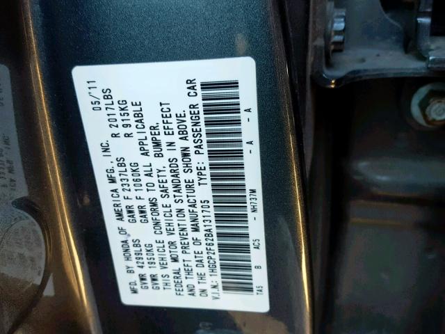 1HGCP2F62BA131705 - 2011 HONDA ACCORD GRAY photo 10