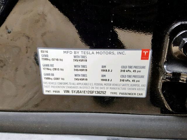 5YJSA1E12GF136252 - 2016 TESLA MODEL S შავი ფოტო 10