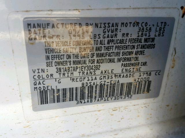 3N1AB7AP1EY304392 - 2014 NISSAN SENTRA S WHITE photo 10