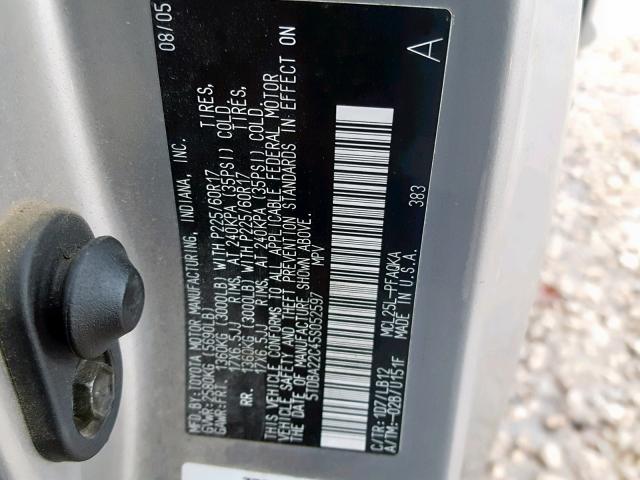 5TDBA22C45S052597 - 2005 TOYOTA SIENNA XLE SILVER photo 10