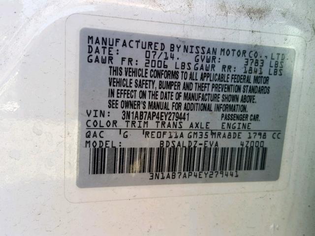 3N1AB7AP4EY279441 - 2014 NISSAN SENTRA S WHITE photo 10