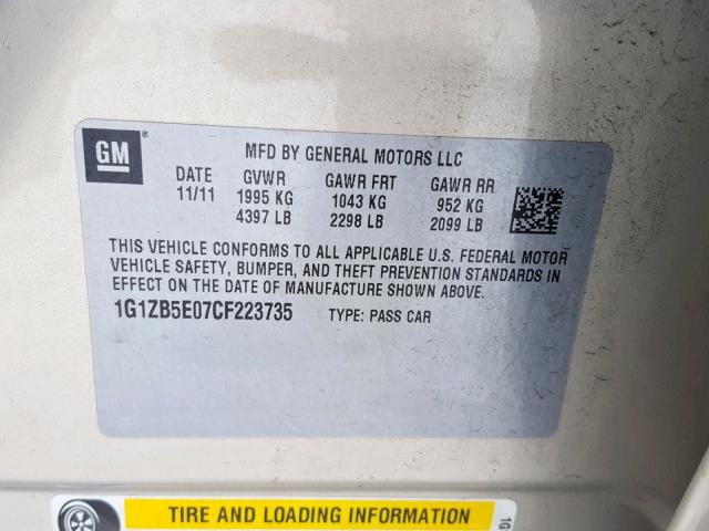 1G1ZB5E07CF223735 - 2012 CHEVROLET MALIBU LS 米色 照片 10