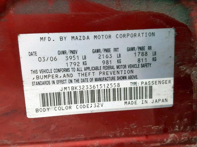 JM1BK323361512558 - 2006 MAZDA 3 S RED photo 10