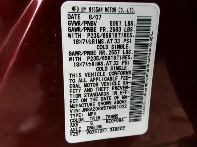 JN8AZ08W57W661022 - 2007 NISSAN MURANO SL MAROON photo 10