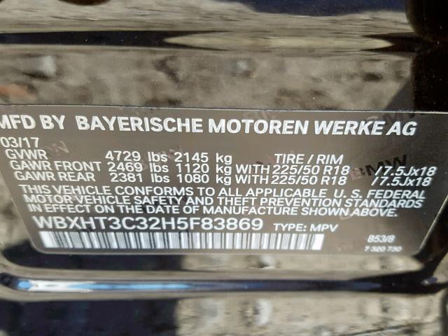 WBXHT3C32H5F83869 - 2017 BMW X1 XDRIVE2 BLACK photo 10