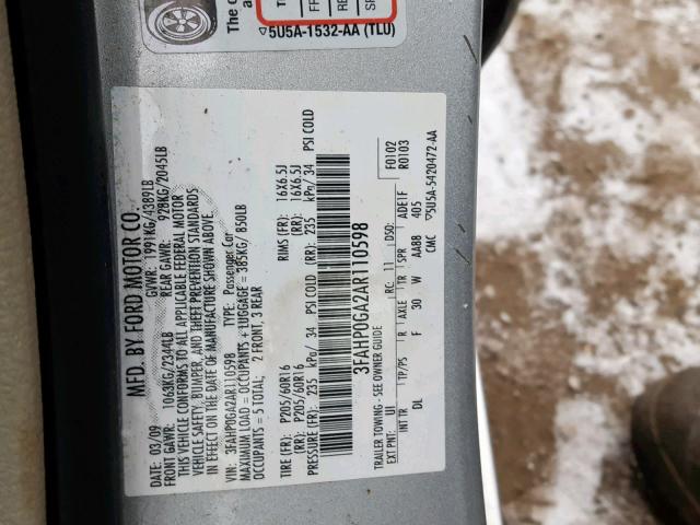 3FAHP0GA2AR110598 - 2010 FORD FUSION S GRAY photo 10