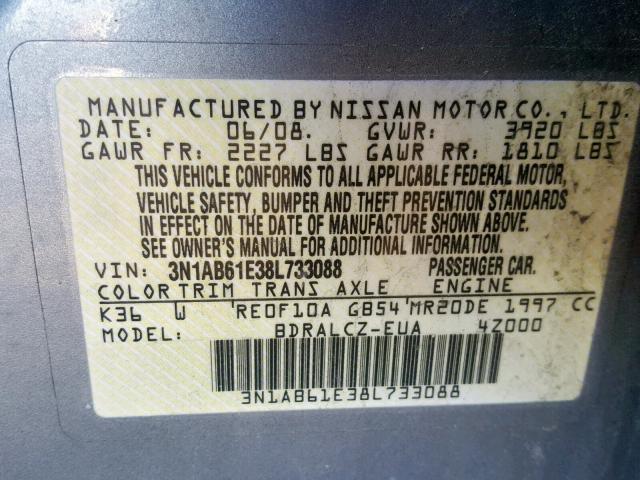 3N1AB61E38L733088 - 2008 NISSAN SENTRA 2.0 SILVER photo 10