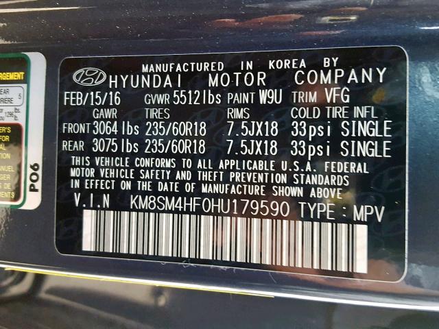 KM8SM4HF0HU179590 - 2017 HYUNDAI SANTA FE S BLUE photo 10