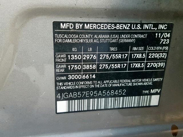 4JGAB57E95A568452 - 2005 MERCEDES-BENZ ML350 SILVER photo 10