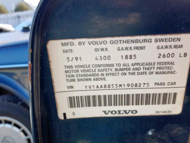 YV1AA8855M1908275 - 1991 VOLVO 240 BASE BLUE photo 10