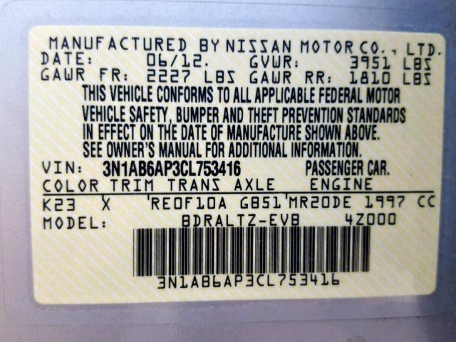 3N1AB6AP3CL753416 - 2012 NISSAN SENTRA 2.0 SILVER photo 10