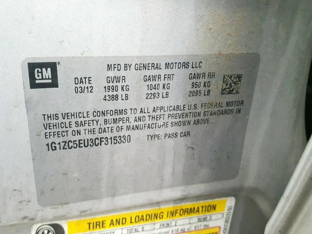 1G1ZC5EU3CF315330 - 2012 CHEVROLET MALIBU 1LT ვერცხლისფერი ფოტო 10