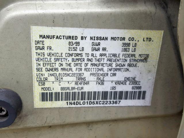 1N4DL01D5XC223367 - 1999 NISSAN ALTIMA XE BEIGE photo 10