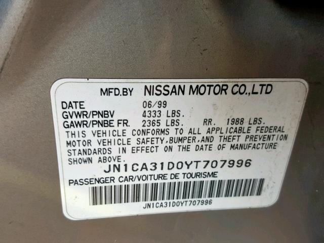 JN1CA31D0YT707996 - 2000 NISSAN MAXIMA GLE BEIGE photo 10