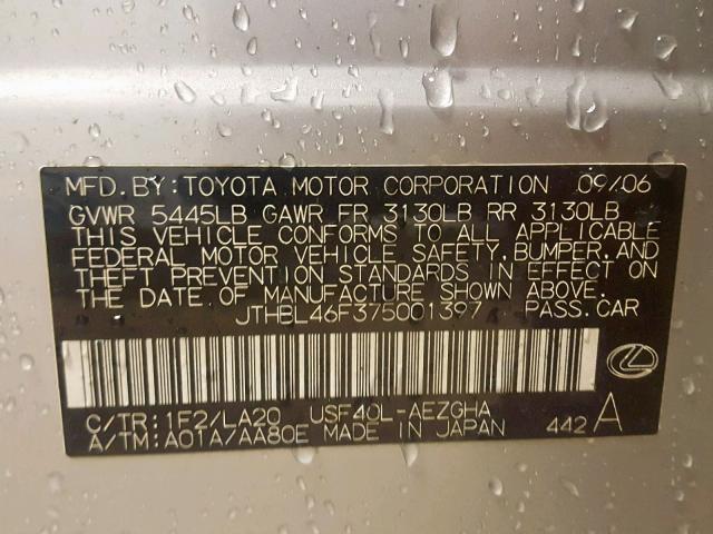 JTHBL46F375001397 - 2007 LEXUS LS 460 SILVER photo 10