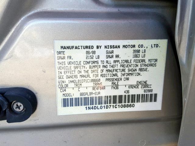 1N4DL01D71C108860 - 2001 NISSAN ALTIMA XE CREAM photo 10