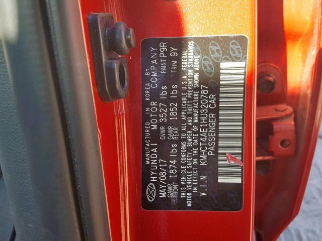 KMHCT4AE1HU320787 - 2017 HYUNDAI ACCENT SE RED photo 10