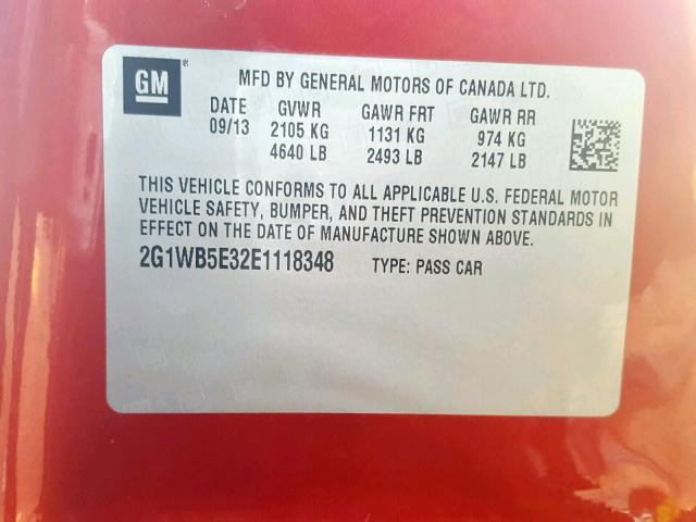 2G1WB5E32E1118348 - 2014 CHEVROLET IMPALA LIM RED photo 10