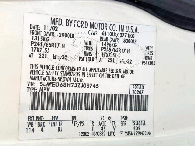 5LMEU68H73ZJ08745 - 2003 LINCOLN AVIATOR 白色 照片 10