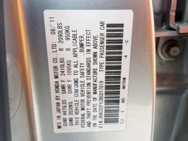 JH4CU2F63BC017819 - 2011 ACURA TSX Plata foto 10