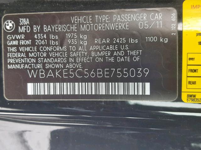 WBAKE5C56BE755039 - 2011 BMW 328 I SULE BLACK photo 10