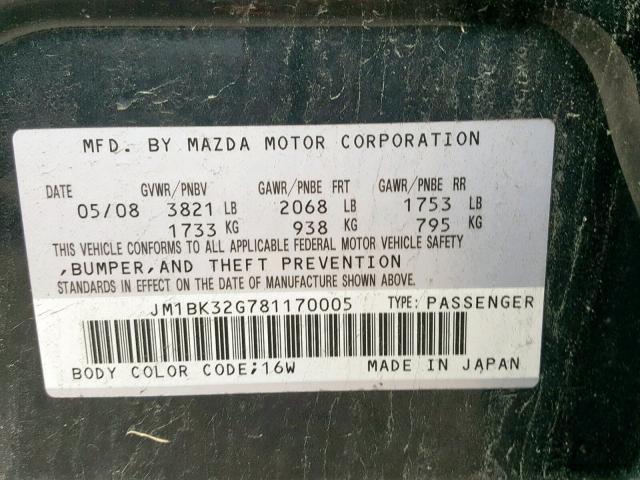 JM1BK32G781170005 - 2008 MAZDA 3 I BLACK photo 10