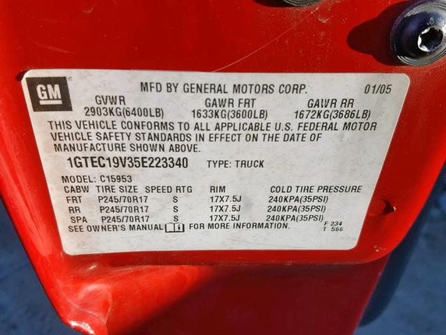 1GTEC19V35E223340 - 2005 GMC NEW SIERRA RED photo 10