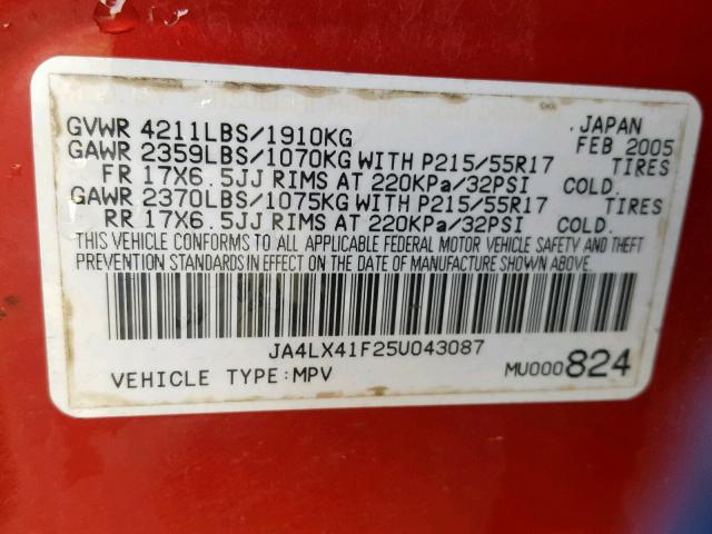 JA4LX41F25U043087 - 2005 MITSUBISHI OUTLANDER RED photo 10