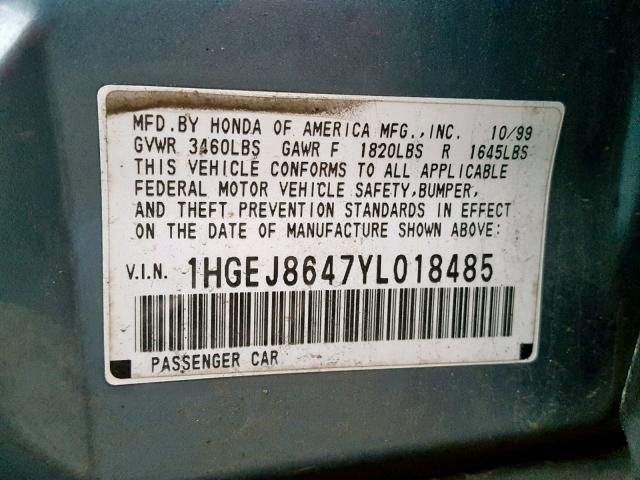 1HGEJ8647YL018485 - 2000 HONDA CIVIC EX BLUE photo 10