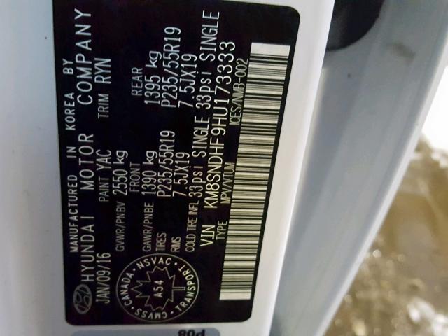 KM8SNDHF9HU173333 - 2017 HYUNDAI SANTA FE S WHITE photo 10