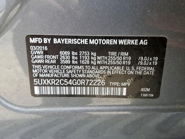 5UXKR2C54G0R72226 - 2016 BMW X5 SDRIVE3 GRAY photo 10