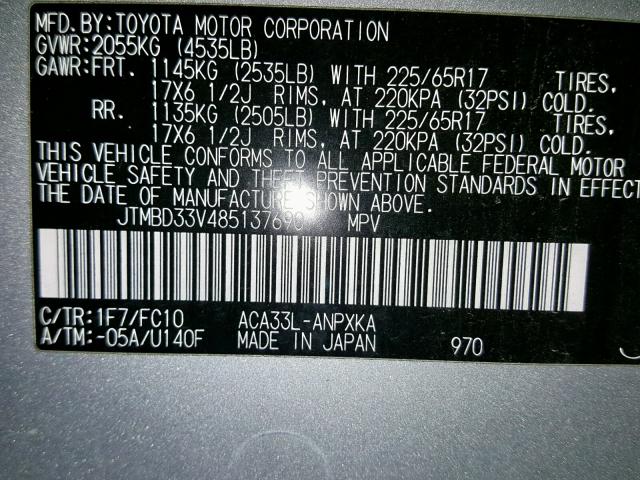 JTMBD33V485137690 - 2008 TOYOTA RAV4 SILVER photo 10