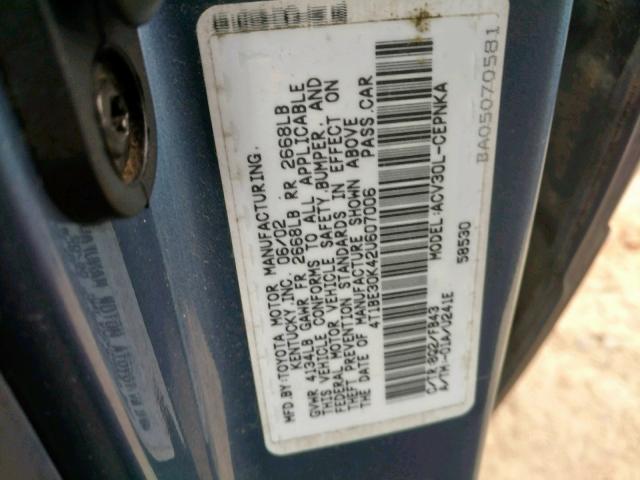 4T1BE30K42U607006 - 2002 TOYOTA CAMRY LE BLUE photo 10