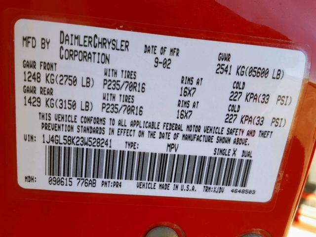 1J4GL58K23W528241 - 2003 JEEP LIBERTY LI RED photo 10