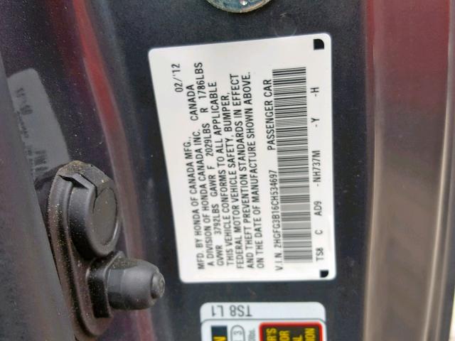 2HGFG3B16CH534697 - 2012 HONDA CIVIC EXL GRAY photo 10