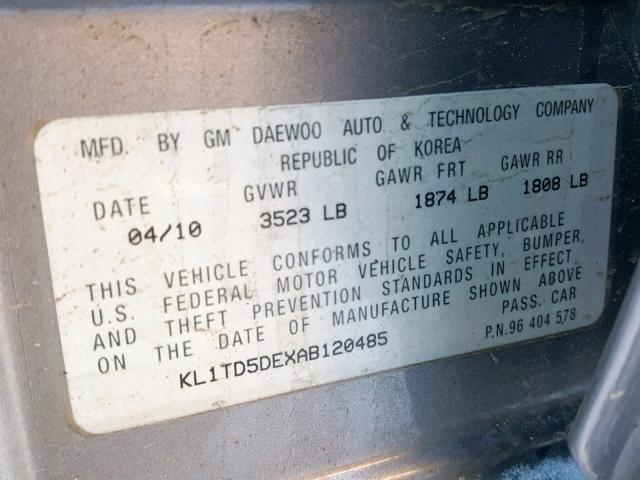 KL1TD5DEXAB120485 - 2010 CHEVROLET AVEO LS GRAY photo 10