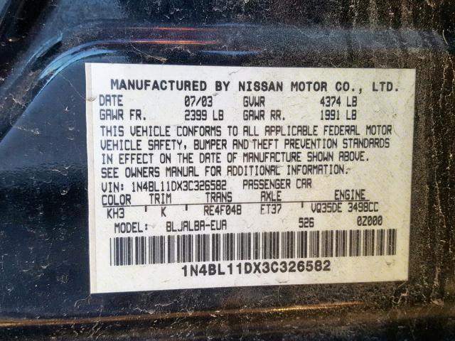 1N4BL11DX3C326582 - 2003 NISSAN ALTIMA SE BLACK photo 10